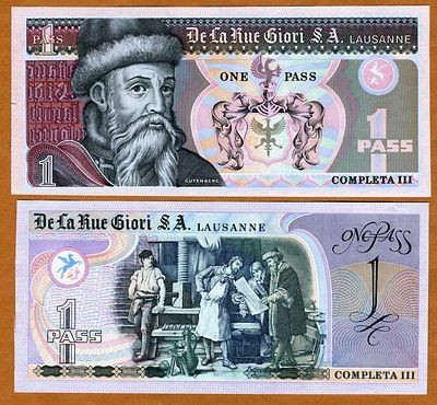 Thomas De La Rue, Giori, Test / Advertising note, 1 Pass, UNC 