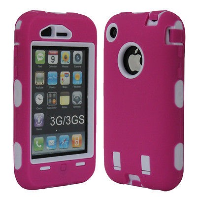 DELUXE HOT PINK AND WHITE 3PIECE HARD CASE COVER SKIN FOR IPHONE 3G 