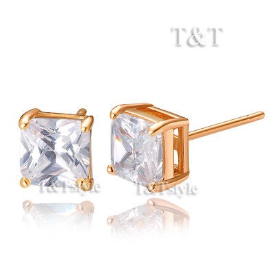 9K Rose Gold GP 6mm Clear CZ Square Stud Earrings (ES44)