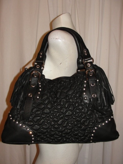 BFS10~CHARM and LUCK Large Black Leather Rhinestone Handbag Shoulder 