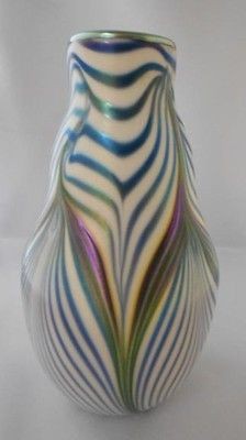 SIGNED CHARLES LOTTON CASED GLASS VASE BLUE WHITE SWIRL CRANBERRY 