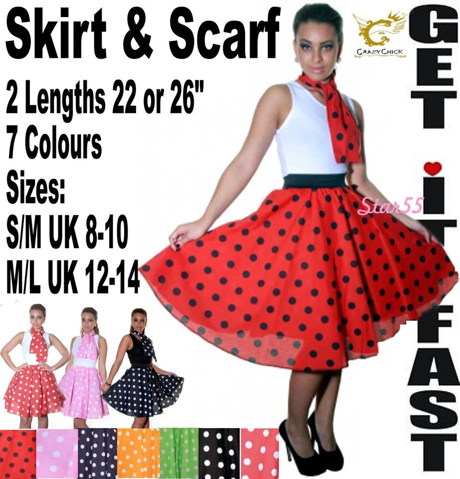 Womens 50s Rock n Roll Swing Circle Skirt & Scarf Fancy Dress Costume 