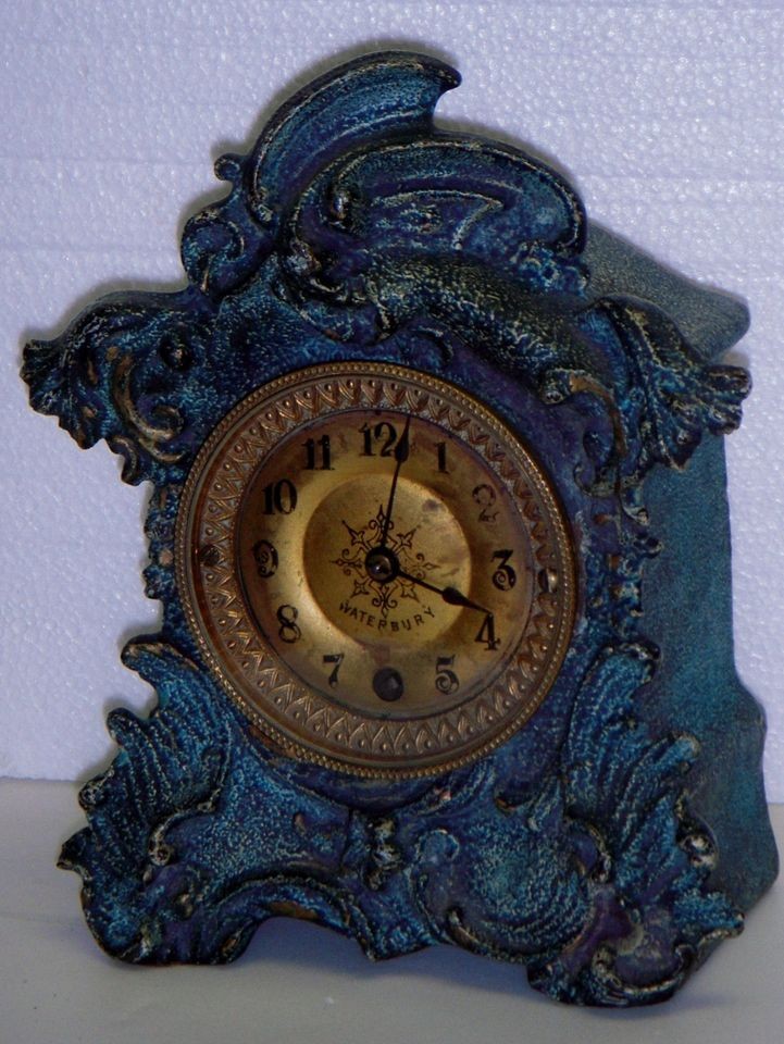   WATERBURY RARE MINIATURE IRON CASE MANTEL SHELF CHIME CLOCK WORKING