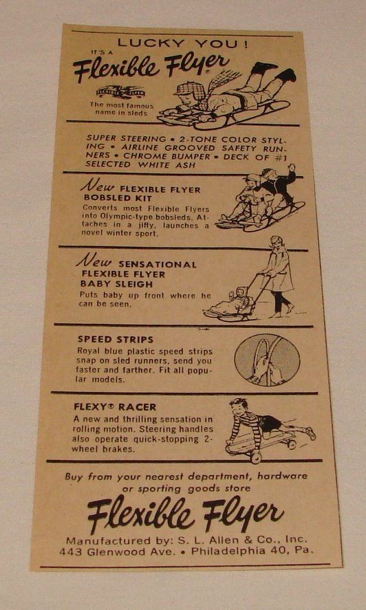 1962 FLEXIBLE FLYER ad ~ sled, racer, baby sleigh, etc