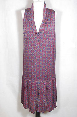 BIBA blue/red/gold 100% silk v neck drop waist pleated skirt dress US 