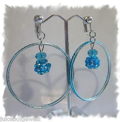 CLIP ON 1.75 BLUE Double Hoop RhinestoneEarrings(C809)JUICEBOX JEWELS 