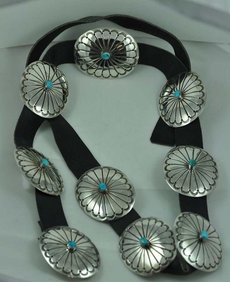   Nofchissey Turquoise Sterling Silver Concho Belt Signed HEAVY CONCHO