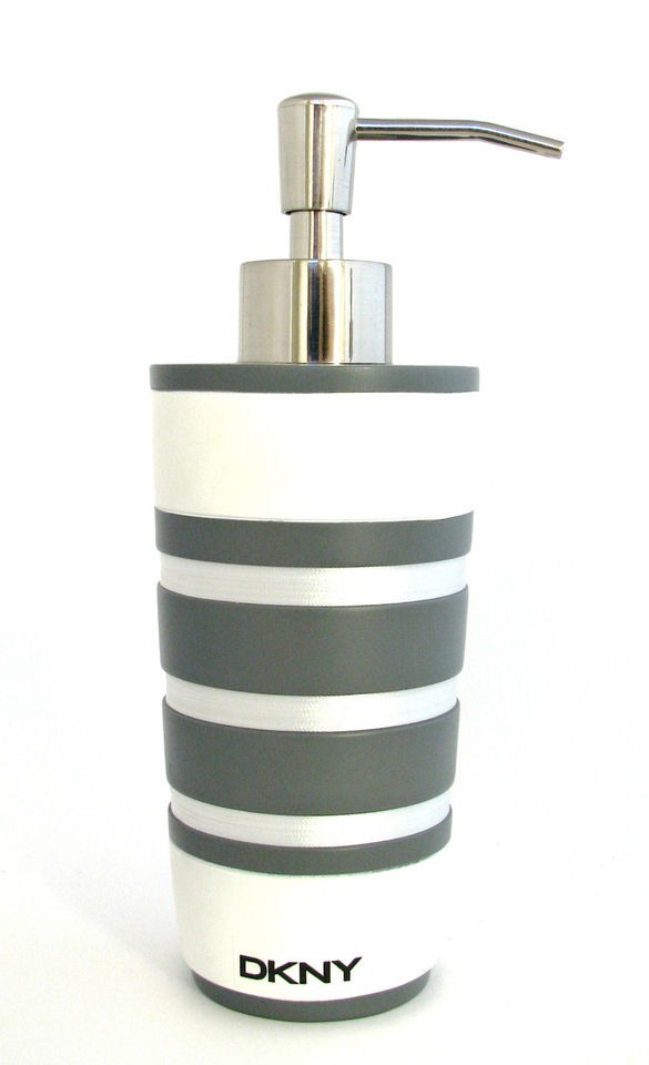 DKNY GREY/GRAY+WHIT​E STRIPED RIBBON KITCHEN/BATHRO​OM SOAP/LOTION 