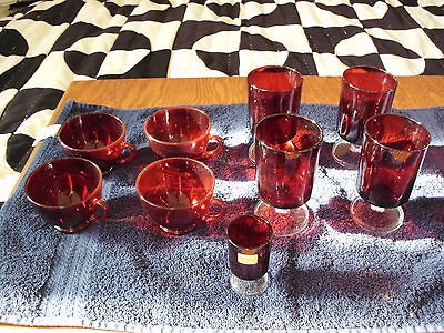 VINTAGE 9 LOT LUMINARC VERRERIE DARQUES RUBY RED GLASS 4 TUMBLERS 4 