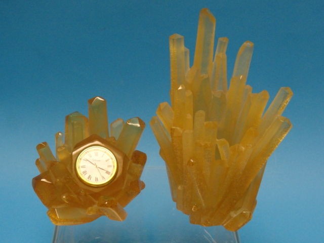 RARE DAUM CRYSTAL FRANCE AMBER QUARTZ FORMATION DESK SET CLOCK & PEN 