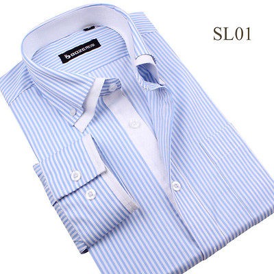 Stripe double collar less slim cut breathable men long sleeved dress 