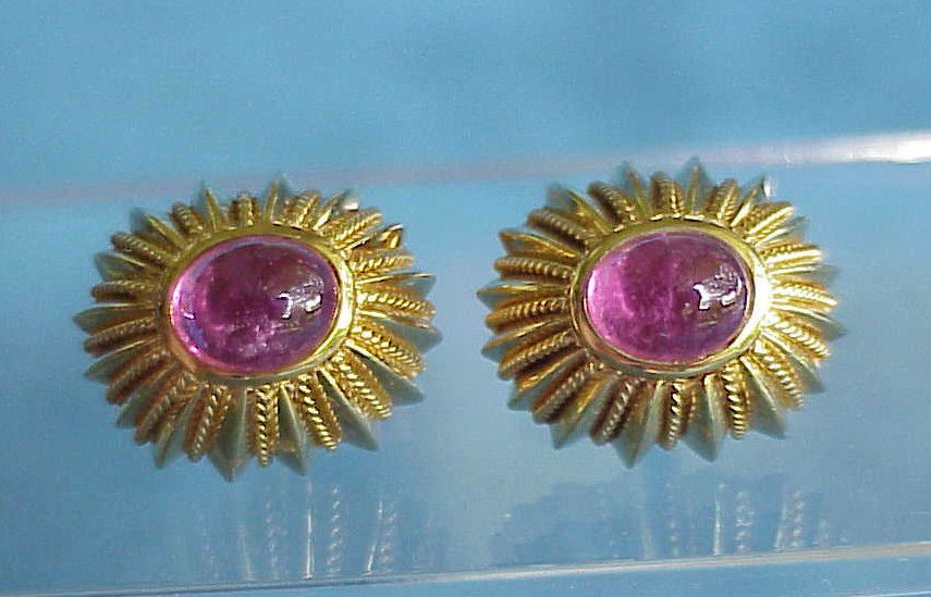   Vintage 19 Gram 18Kt Yellow Gold Rubellite Pink Tourmaline CUFFLINKS