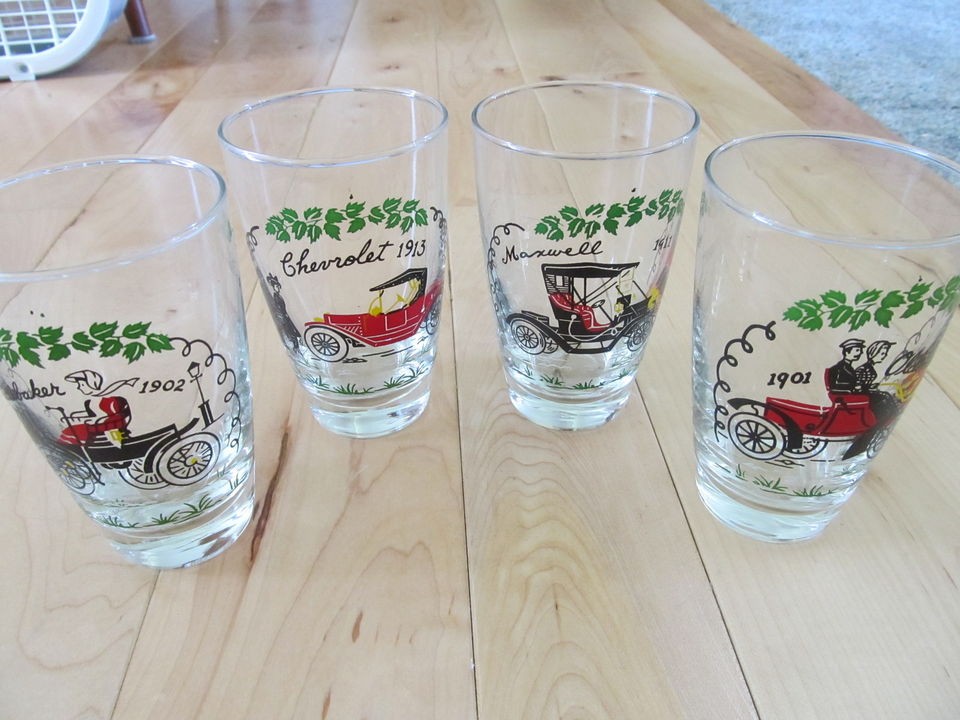 VINTAGE 4 OLD CAR DRINKING GLASSES STUDEBAKER CHEVY MAXWELL HORSELESS 