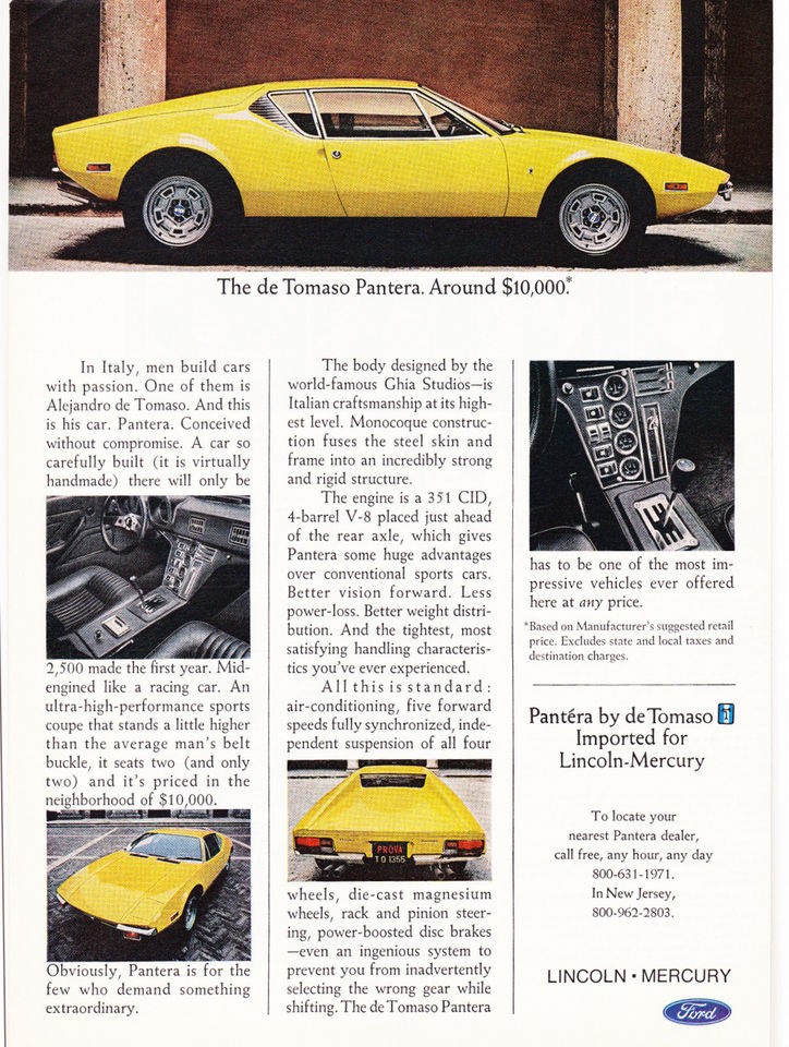   Print Ad 1972 In Italy men build cars w/passion The de Tomaso Pantera