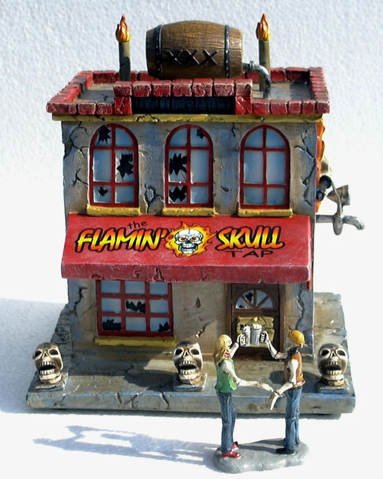 HAWTHORNE VILLAGE HALLOWEEN DEATH VALLEY FLAMING SKULL TAP NIB LIGHTED