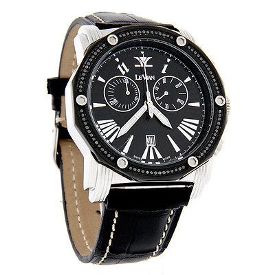 LeVian Soho II Black Diamond Swiss Quartz Chronograph Leather Band 