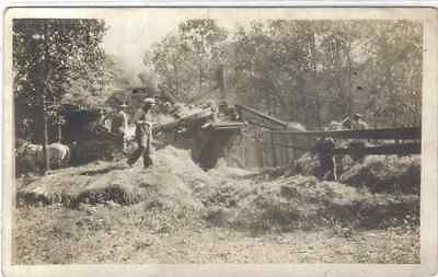 rppc   FARMING   THRESHING MACHINE AT WORK   HORSES   MEN PITCHING HAY 