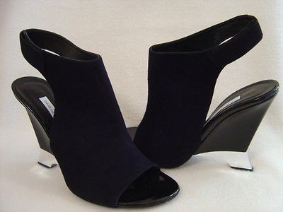 NEW Diane von Furstenberg Black Suede Elsa Open Toe Wedge Heels NIB $ 