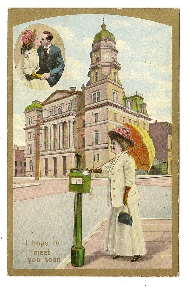   GREETINGS POSTCARD PRETTY LADY MAILBOX POSTBOX BUILDING ENVELOPE 1909