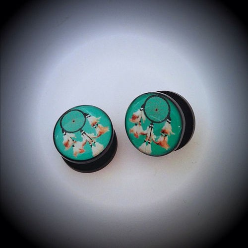 ACRYLIC TURQUOISE DREAMCATCHER EAR GAUGE PLUG feather tribal teal aqua 