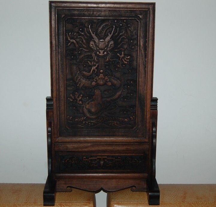   Retro Large Chinese Yellow Rosewood & East Sea Dragon King Screen