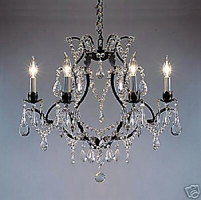 LIGHT CRYSTAL AND BLACK WROUGHT IRON CHANDELIER 