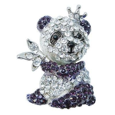 King Crown Panda Brooch Pin Rhinestone Crystal Clear w Purple Bear