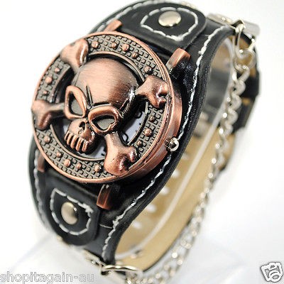 NEW Black Copper Mens Womens Gothic Skeleton Skull Unisex Quartz 