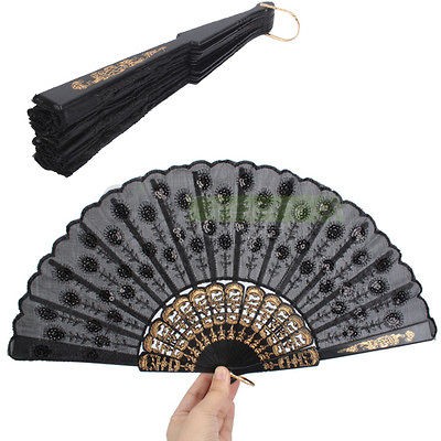   Fabric Hand Held Fan Xmas Party Dancing Wedding Fan Sequins Black