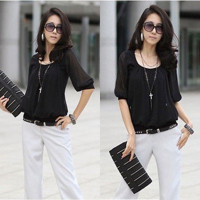 Fashion Korean Womens Chiffon black Casual Blouse size S N362 G