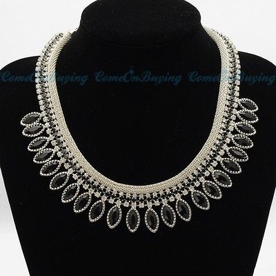 Fashion Silver Chain Olivary Black Rhinestone White Crystal Choker 