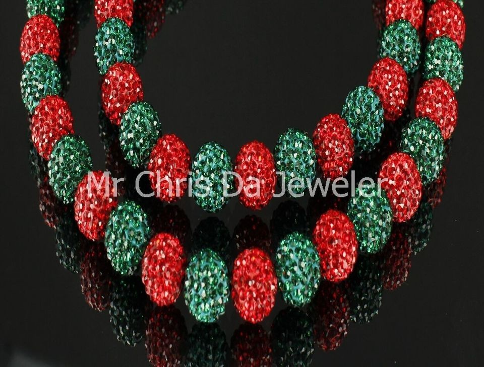 MENS FULLY ICED OUT HOT RED GREEN BEAD BALL NECKLACE CHAIN ICED OUT 