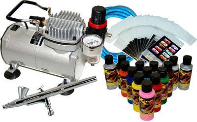 NAIL ART AIRBRUSH KIT SET Air Compressor Pai​nt 20pk Stencil Design 