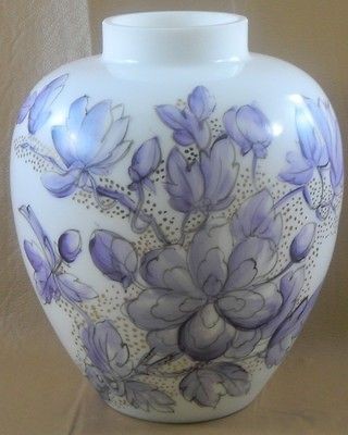 Charleton Hand Painted Purple Flowers Milk Glass Vase