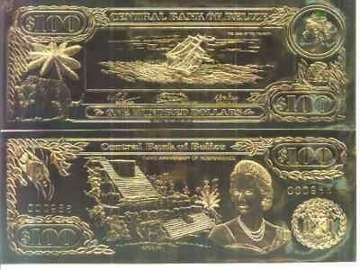 22kt Gold $100 Belize Note   LOSS OF FISHBURN   RARE