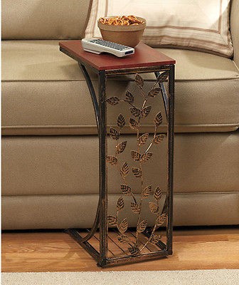 WOOD TOP SIDE END TABLE METALWORK VINES SLIDES UNDER SOFA TV SNACK 