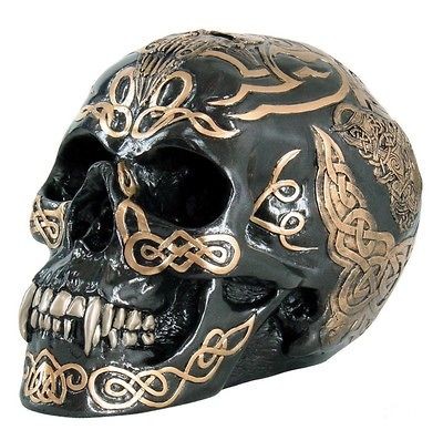   CHIEF TATTOO CELTIC SKULL STATUE BLACK GOLD FINISH RESIN FIGURINE