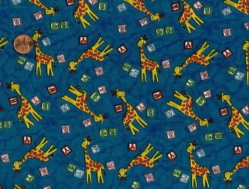 SALE   GIRAFFES & BLOCKS ON BLUE FABRIC FOR BABY