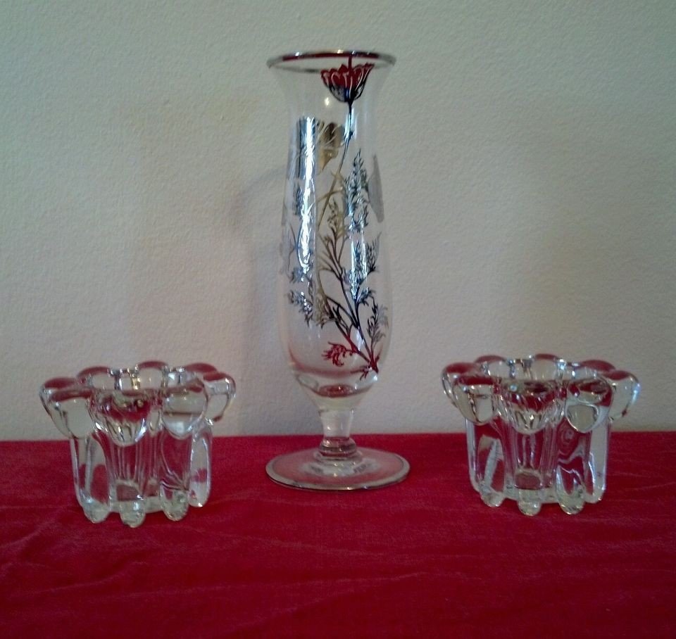   bud vase with silver filigree overlay and two glass candle holders