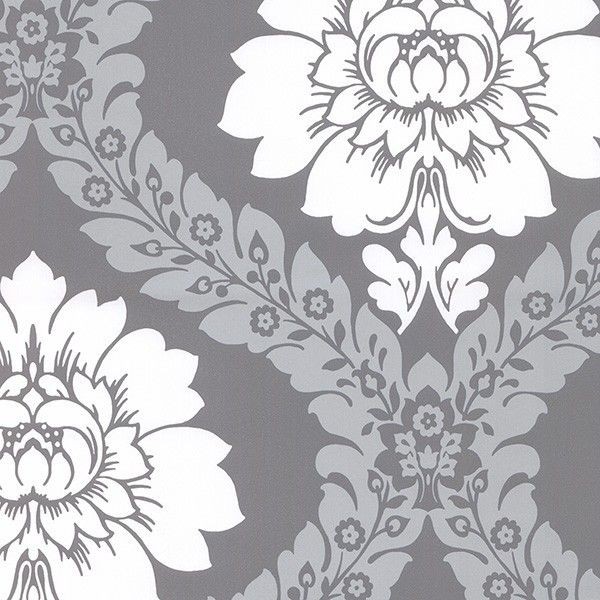 Wallpaper Designer Large White & Silver Block Damask on Gray 