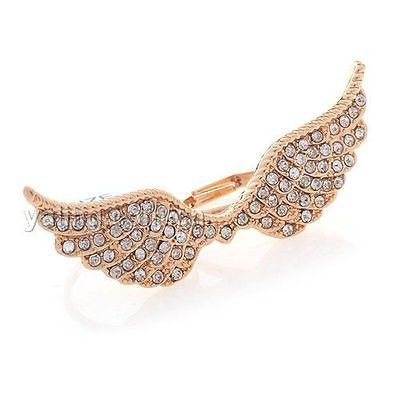   1pcs Gold Plated Two Finger Link Full Rhinestone Women Angel Wing Ring