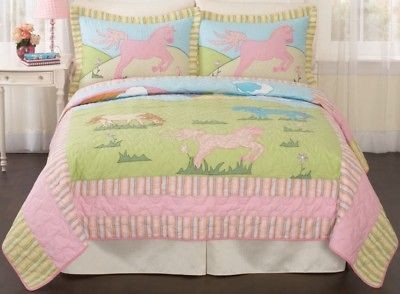 GIDDY UP HORSE PINK BLUE GIRL FULL QUILT BEDDING SET