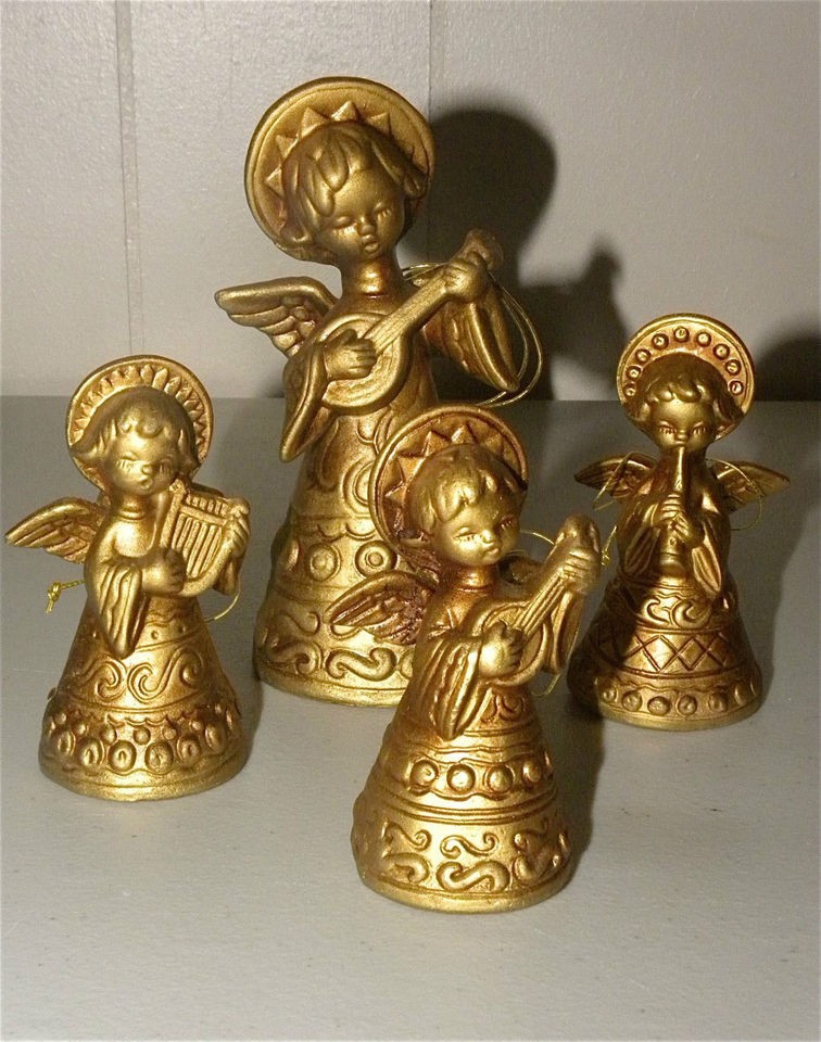 LOT of 3 Vintage Napco NAPCOWARE All Gold ANGEL ORNAMENTS Playing 