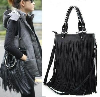 New Punk Double Side Tassel Fringe Lady PU Leather Handbag Shoulder 