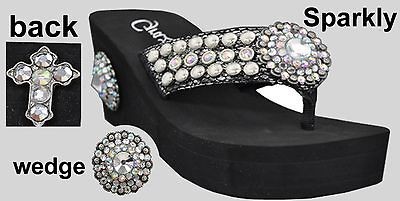 NEW GRAZIE SPARKLY BLING RHINESTONE WITH CROSS WEDGE FLIP FLOPS 6.5