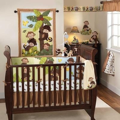 Green and Brown Tree Forest Animal 3pc Neutral Monkey Nursery Crib 