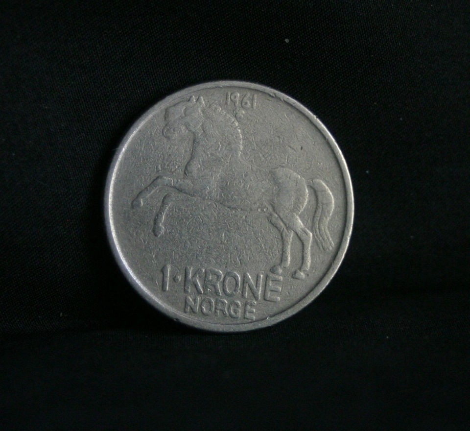 1961 Norway 1 Krone Copper Nickel World Coin KM409 Horse Animal Olav V 