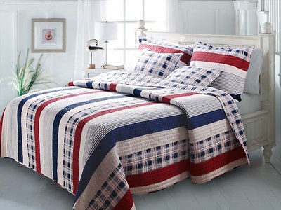   Stripes 3pc Full/Queen Quilt Set Coastal Beach Patchwork Red/Navy Blue