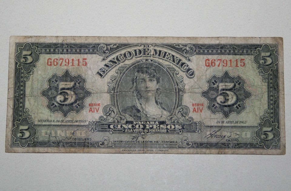 1963 5 cinco Pesos band note Mexico World paper money