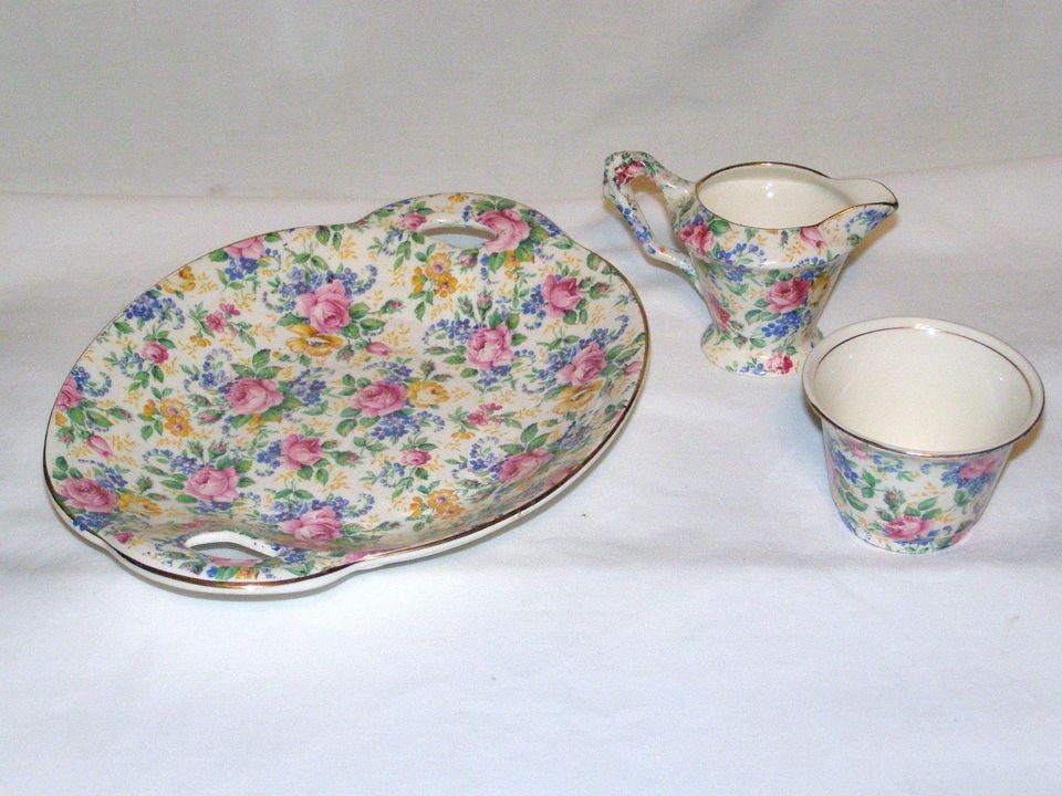 Vintage James Kent Rosalynde Chintz Creamer Open Sugar & Luncheon Tray